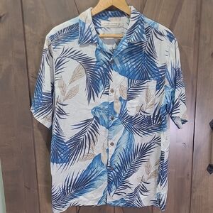 Blue Palm-Print Silk Short Sleeve Hawaiin Shirt - L